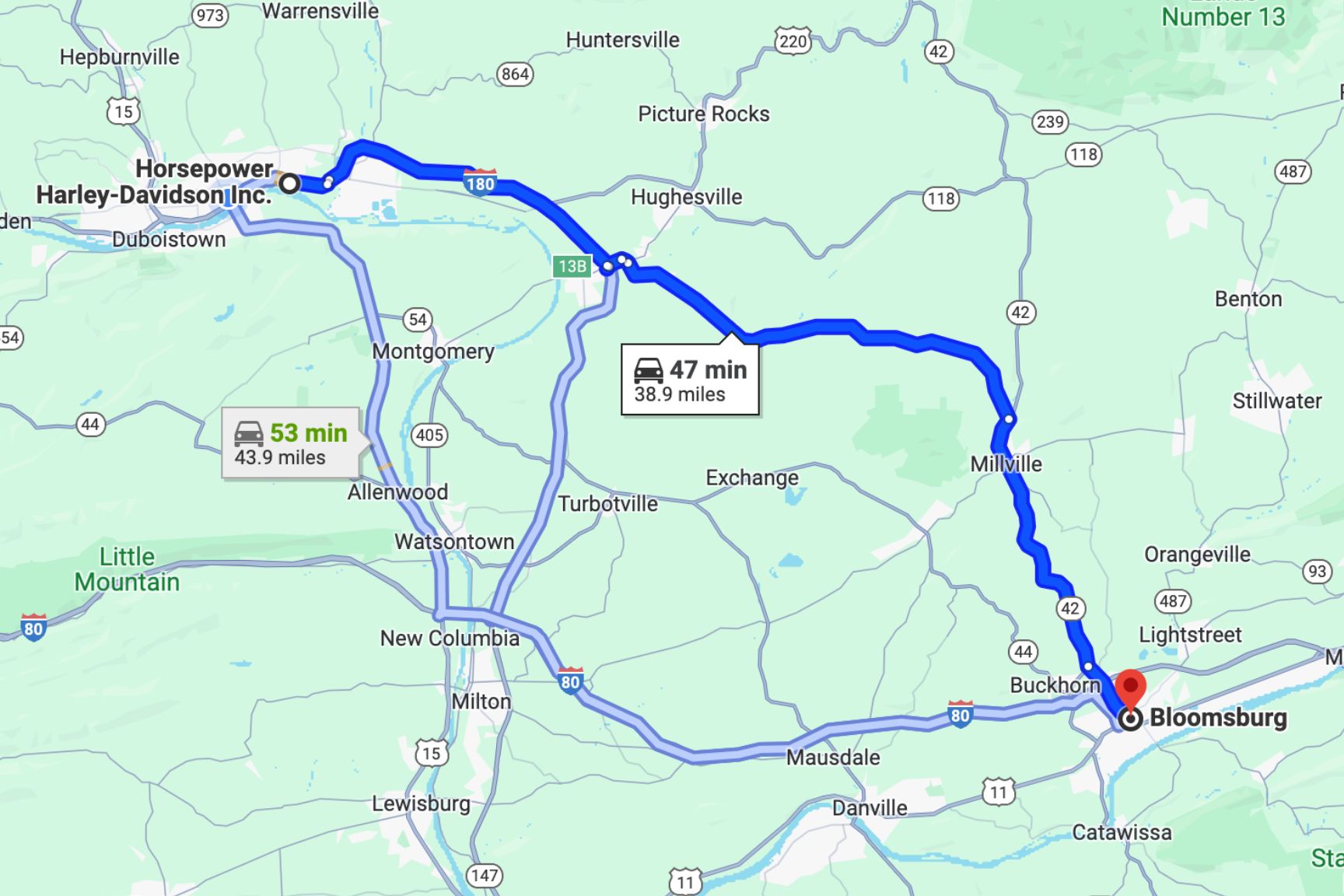 directions from bloomsburg to horsepower harley davidson